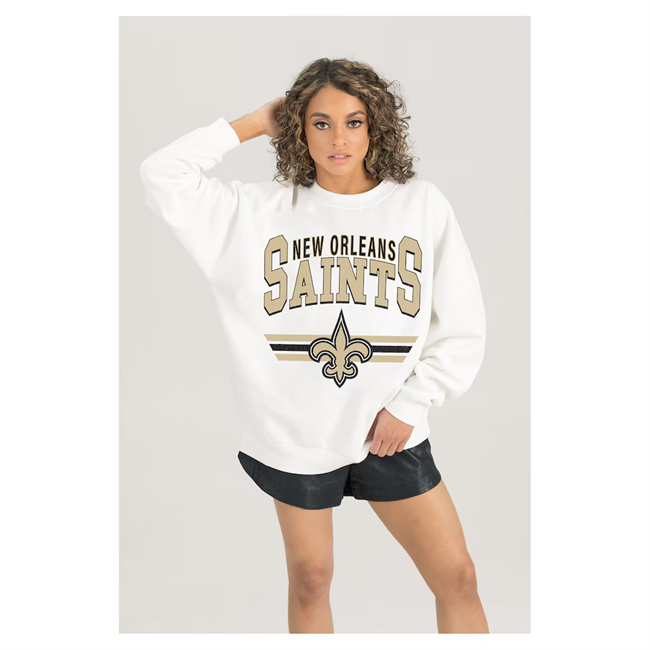 Women's New Orleans Saints Gameday Couture White Sunday Drives Oversized Crewneck Pullover Sweatshirt(Run Small)